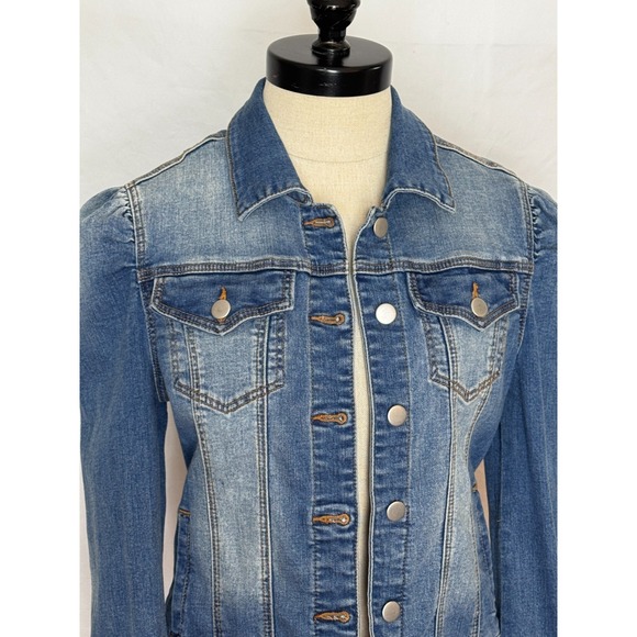 AQUA Women's Puff Sleeve Denim Long Sleeve Jean Jacket XS Blue Fitted Chic Short - Picture 2 of 13